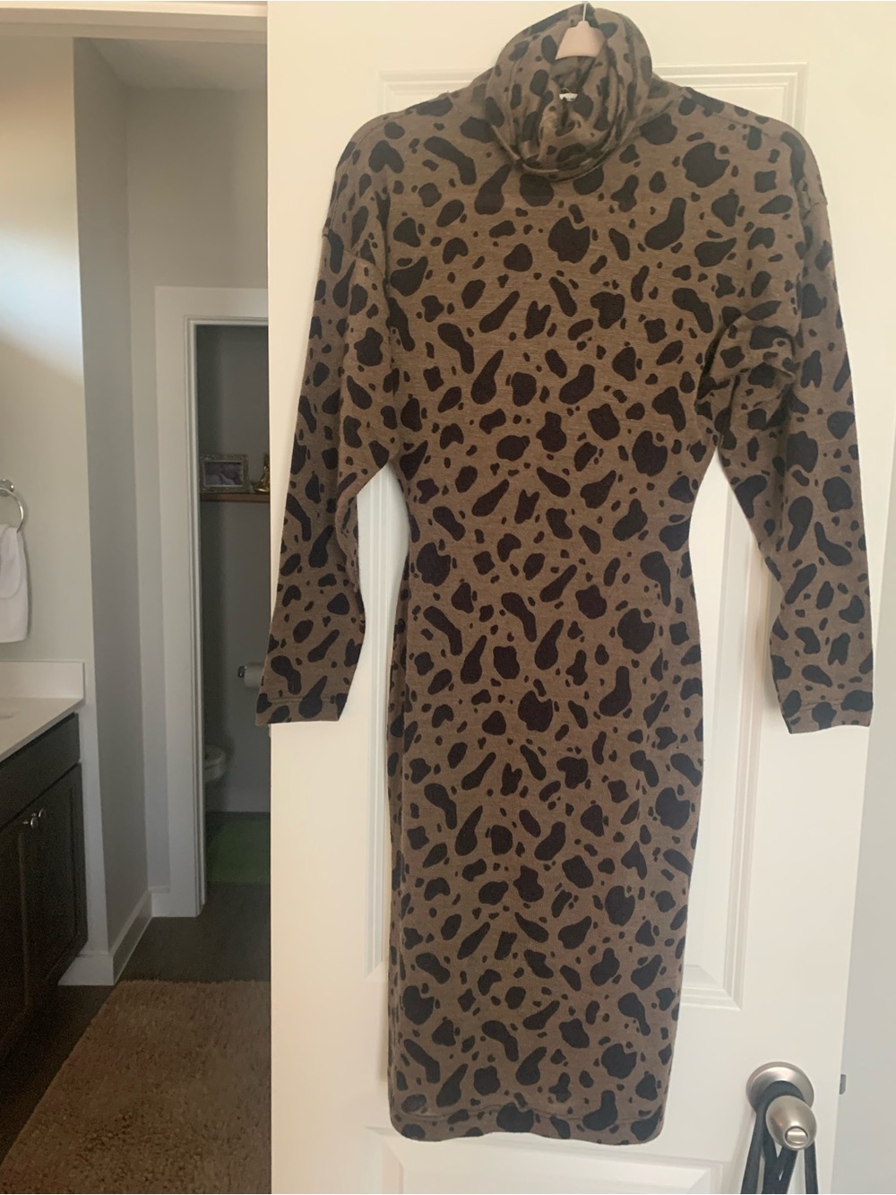 Adrienne Vittadini Olive and Black Leopard-Print Turtleneck Midi Dress